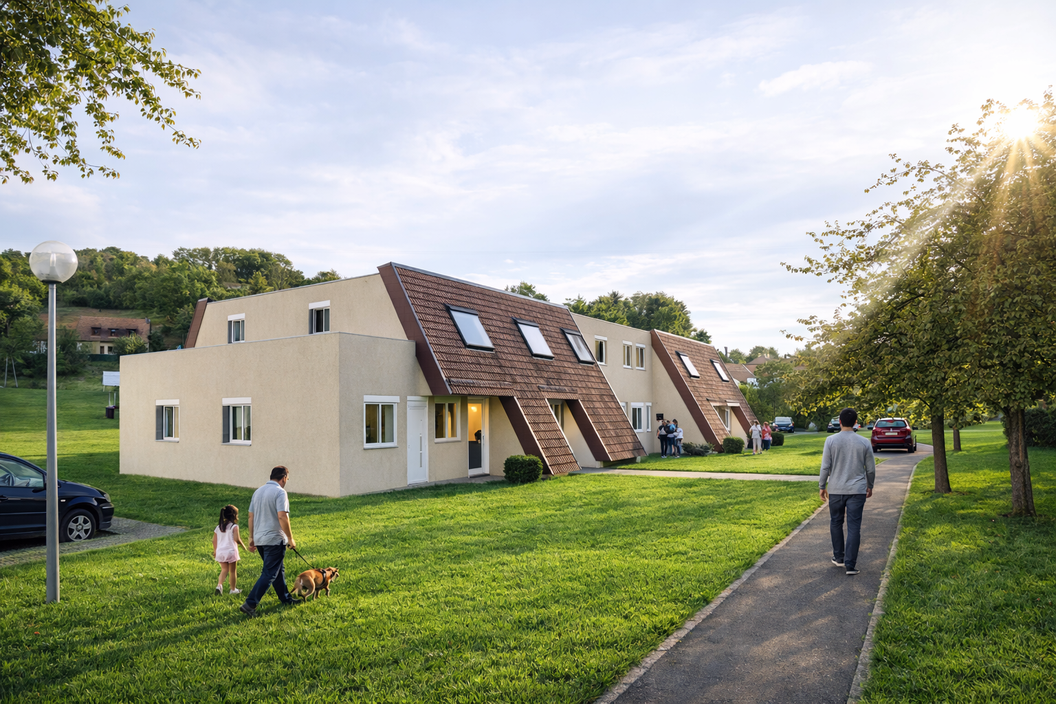 Quartier de logements au coucher du soleil